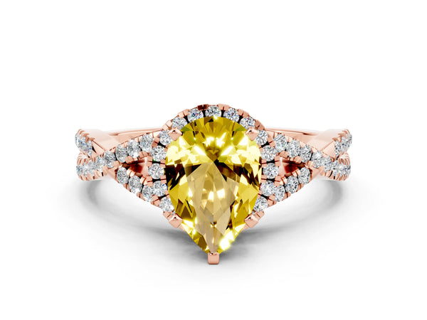 Rose gold Pear Cut Yellow Sapphire  Halo Twist Band Solitaire Prong Setting Ring