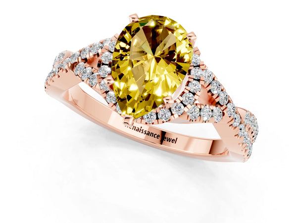 Rose gold Pear Cut Yellow Sapphire  Halo Twist Band Solitaire Prong Setting Ring