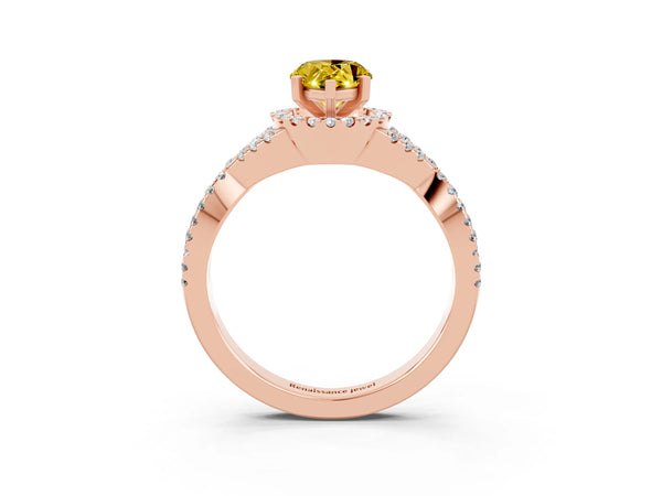 Rose gold Pear Cut Yellow Sapphire  Halo Twist Band Solitaire Prong Setting Ring