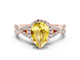 Rose gold Pear Cut Yellow Sapphire  Halo Twist Band Solitaire Prong Setting Ring_36