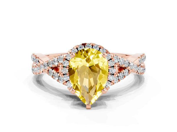 Rose gold Pear Cut Yellow Sapphire  Halo Twist Band Solitaire Prong Setting Ring