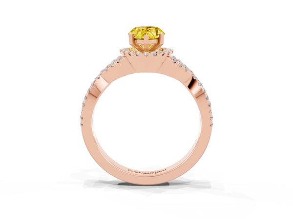 Rose gold Pear Cut Yellow Sapphire  Halo Twist Band Solitaire Prong Setting Ring