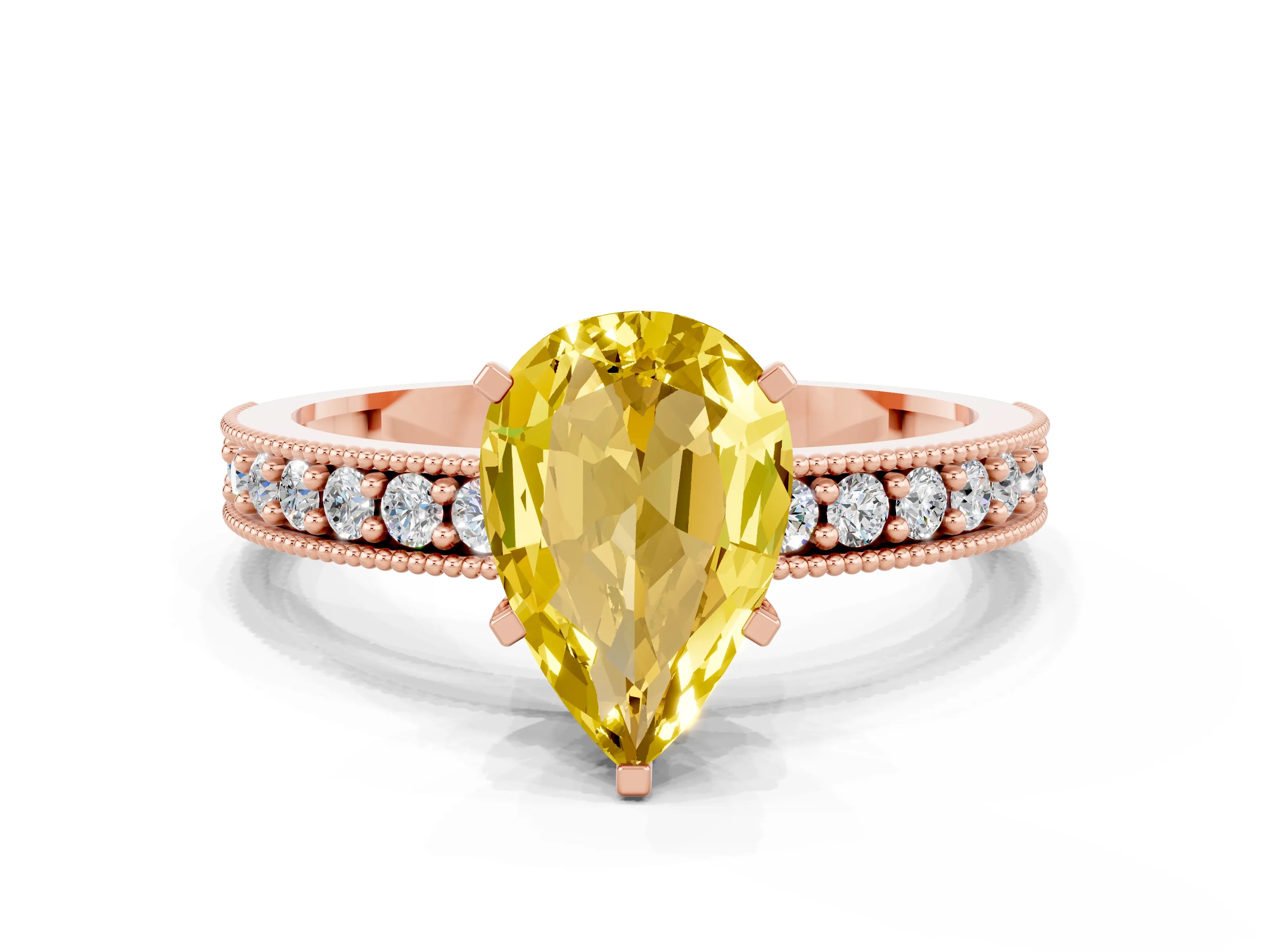 Rose gold Pear Cut Yellow Sapphire Milgrain Pavé Engagement Ring with Four-Prong Setting_24