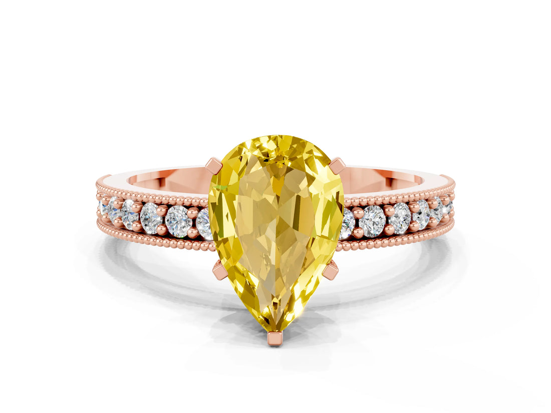Rose gold Pear Cut Yellow Sapphire Milgrain Pavé Engagement Ring with Four-Prong Setting_24