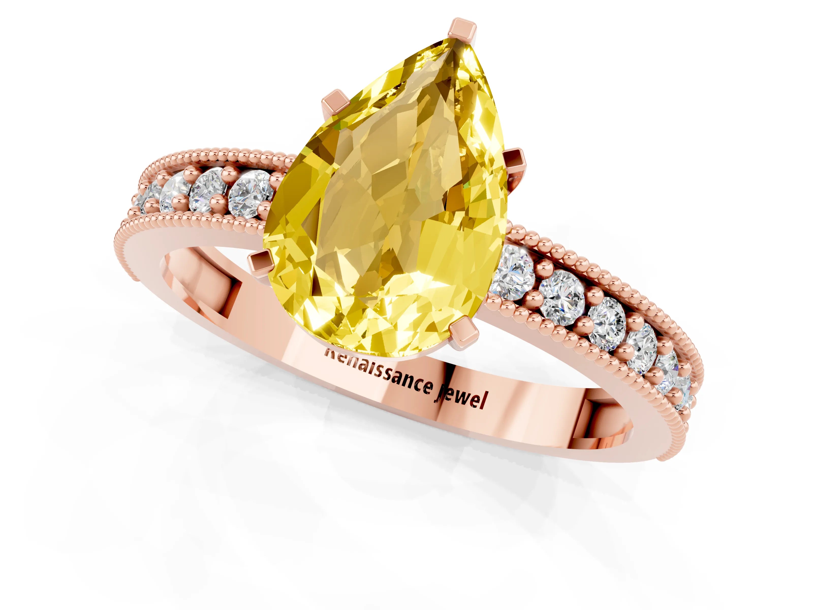 Rose gold Pear Cut Yellow Sapphire Milgrain Pavé Engagement Ring with Four-Prong Setting_25