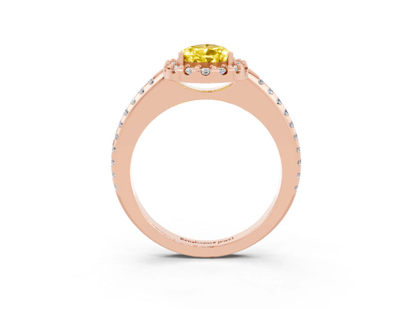 Rose gold Pear Cut Yellow Sapphire Pavé Halo Ring with Four-Prong Setting