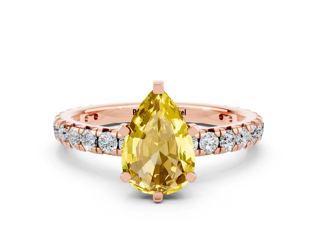 Rose gold Pear Cut Yellow Sapphire Pavé Solitaire Ring with Round Band and Prong Setting_12