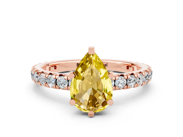 Rose gold Pear Cut Yellow Sapphire Pavé Solitaire Ring with Round Band and Prong Setting