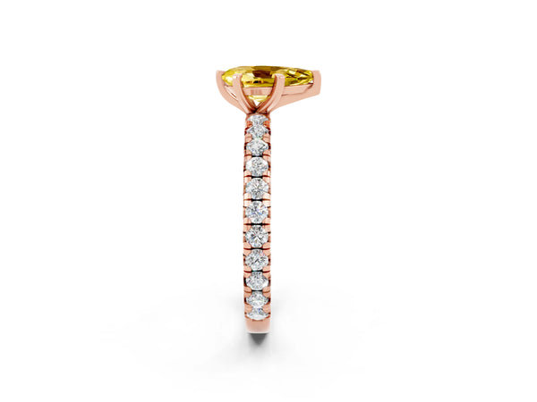 Rose gold Pear Cut Yellow Sapphire Pavé Solitaire Ring with Round Band and Prong Setting