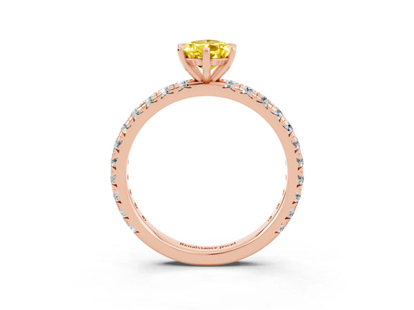 Rose gold Pear Cut Yellow Sapphire Pavé Solitaire Ring with Round Band and Prong Setting