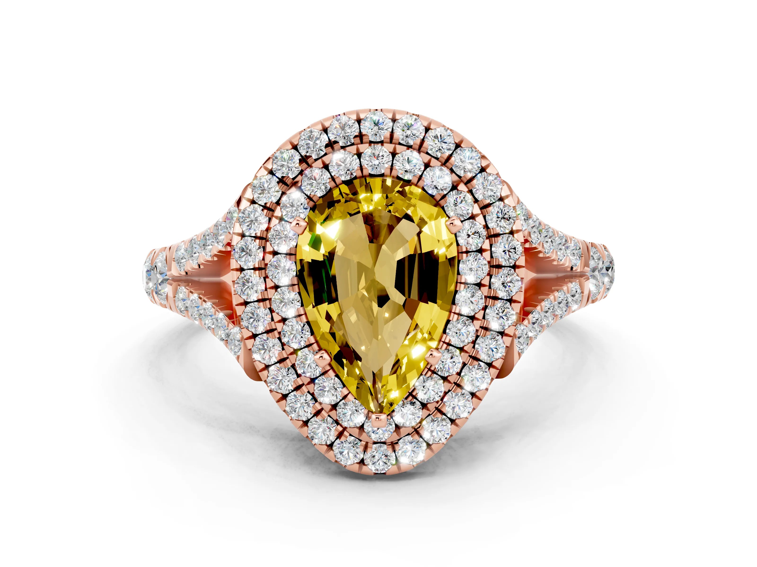 Rose gold Pear Cut Yellow Sapphire Pavé Split Shank Double Halo Engagement Ring