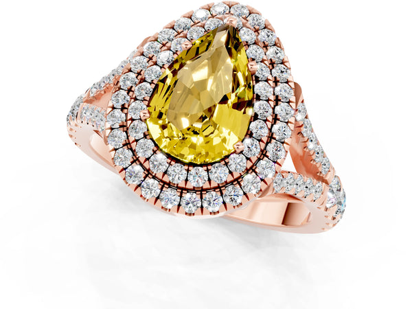 Rose gold Pear Cut Yellow Sapphire Pavé Split Shank Double Halo Engagement Ring