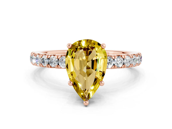 Rose gold Pear Cut Yellow Sapphire Pave Band Solitaire Ring with Round  and Prong Setting