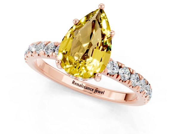 Rose gold Pear Cut Yellow Sapphire Pave Band Solitaire Ring with Round  and Prong Setting