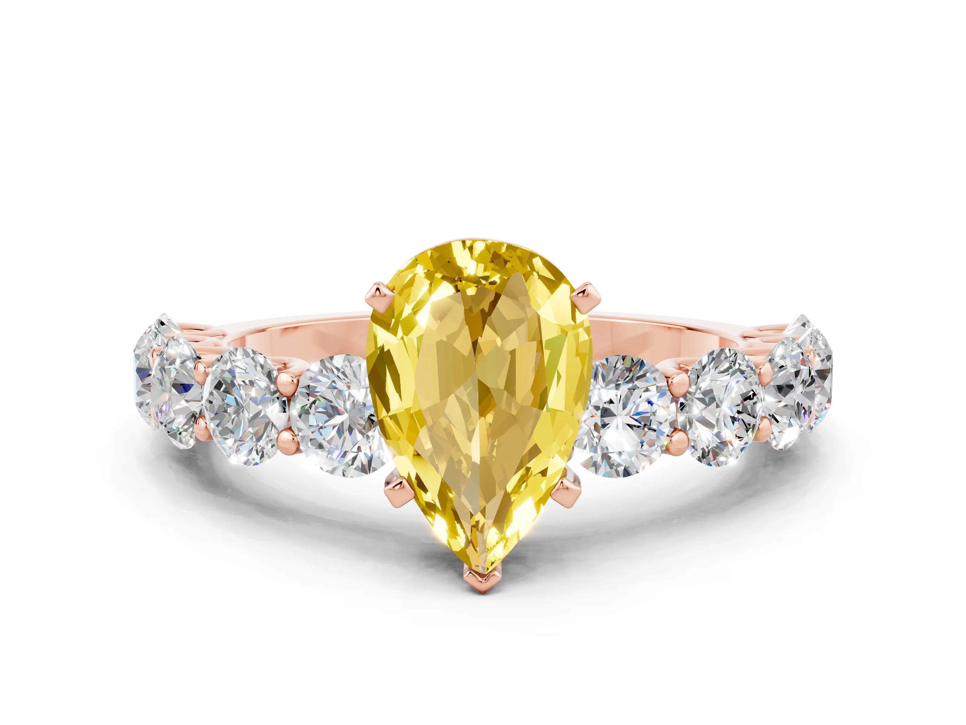 Rose gold Pear Cut Yellow Sapphire Prong Setting with Side Stones on a Pave Band_24