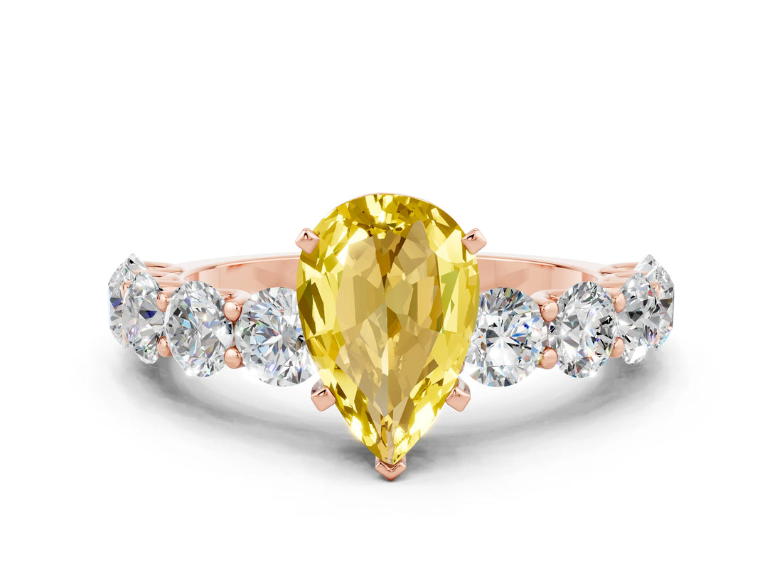 Rose gold Pear Cut Yellow Sapphire Prong Setting with Side Stones on a Pave Band_24