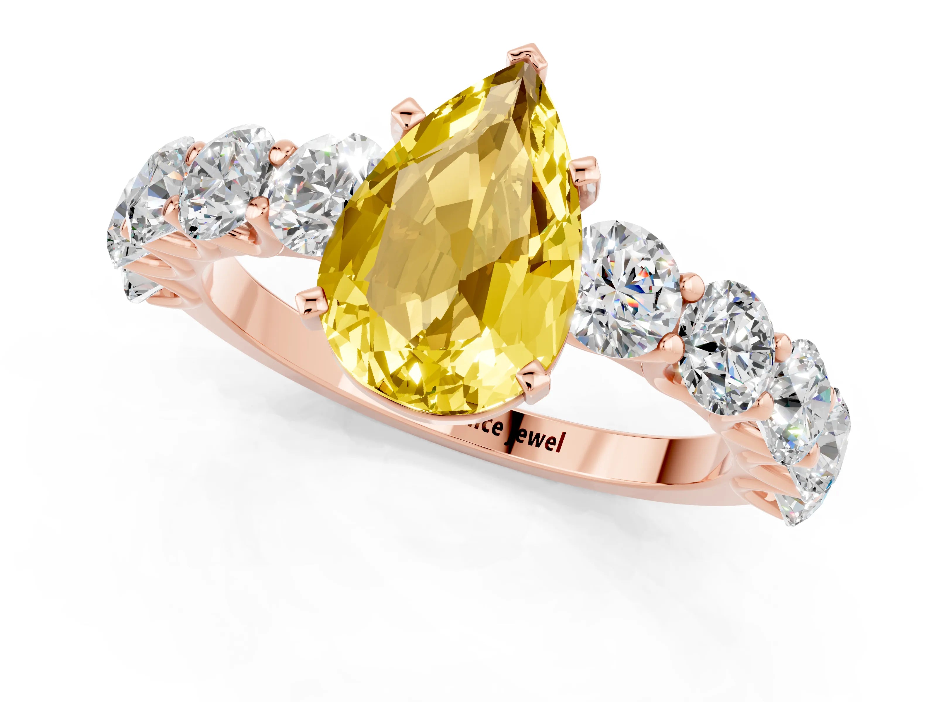 Rose gold Pear Cut Yellow Sapphire Prong Setting with Side Stones on a Pave Band_25