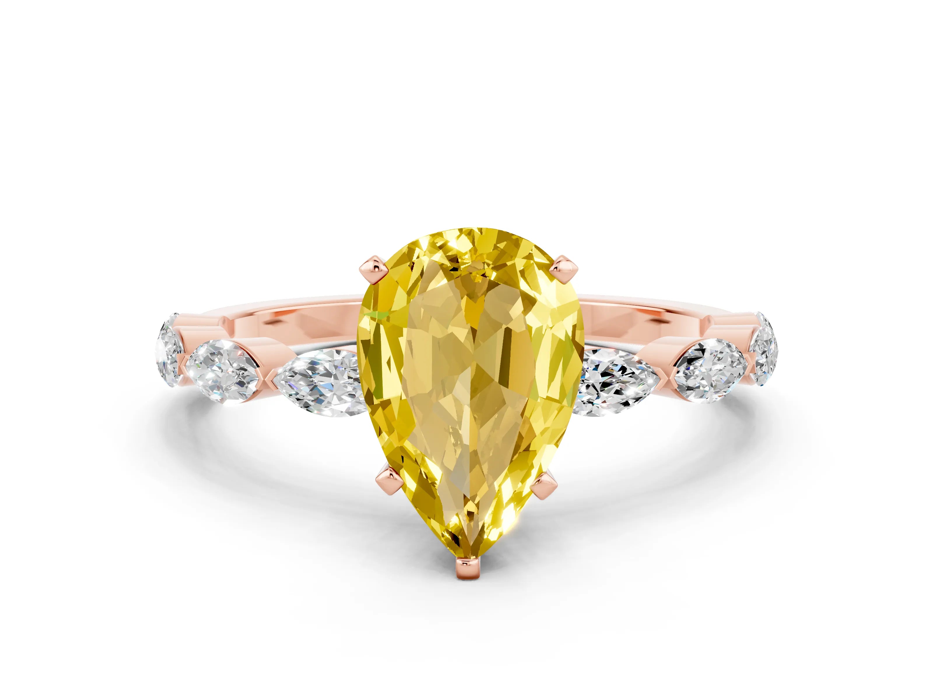 Rose gold Pear Cut Yellow Sapphire Ring with Marquise Side Stones and Prong Setting_12