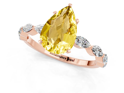 Rose gold Pear Cut Yellow Sapphire Ring with Marquise Side Stones and Prong Setting_13