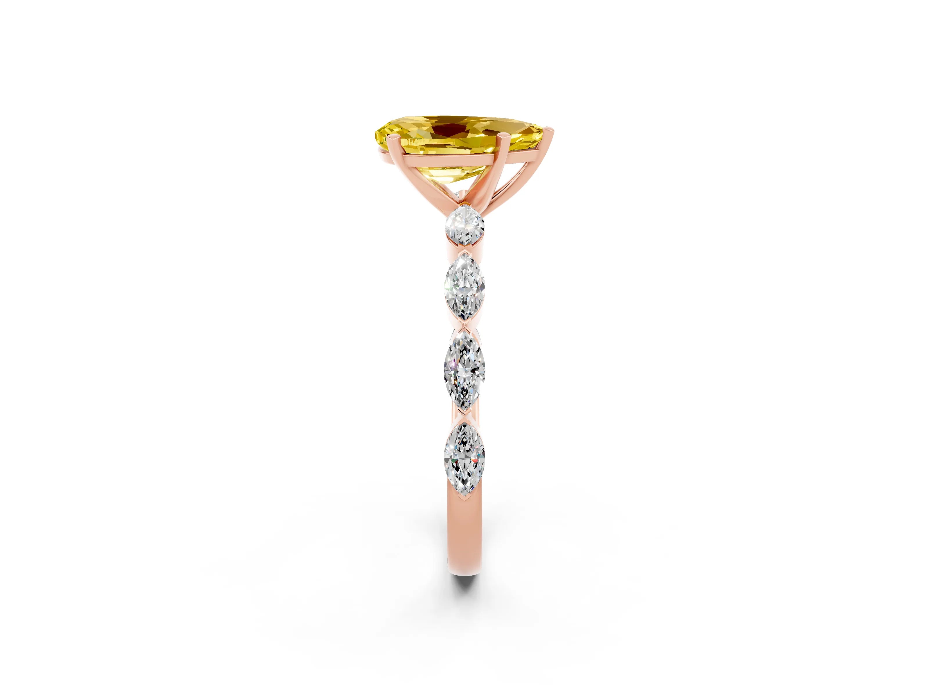 Rose gold Pear Cut Yellow Sapphire Ring with Marquise Side Stones and Prong Setting_14