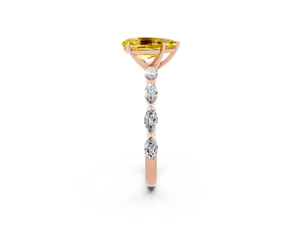 Rose gold Pear Cut Yellow Sapphire Ring with Marquise Side Stones and Prong Setting