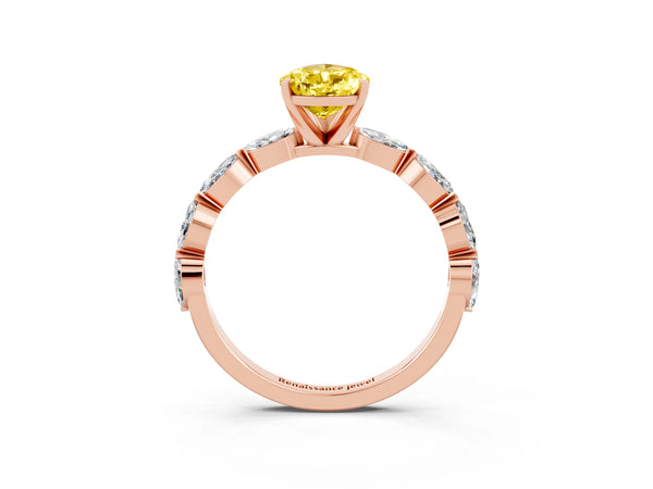 Rose gold Pear Cut Yellow Sapphire Ring with Marquise Side Stones and Prong Setting