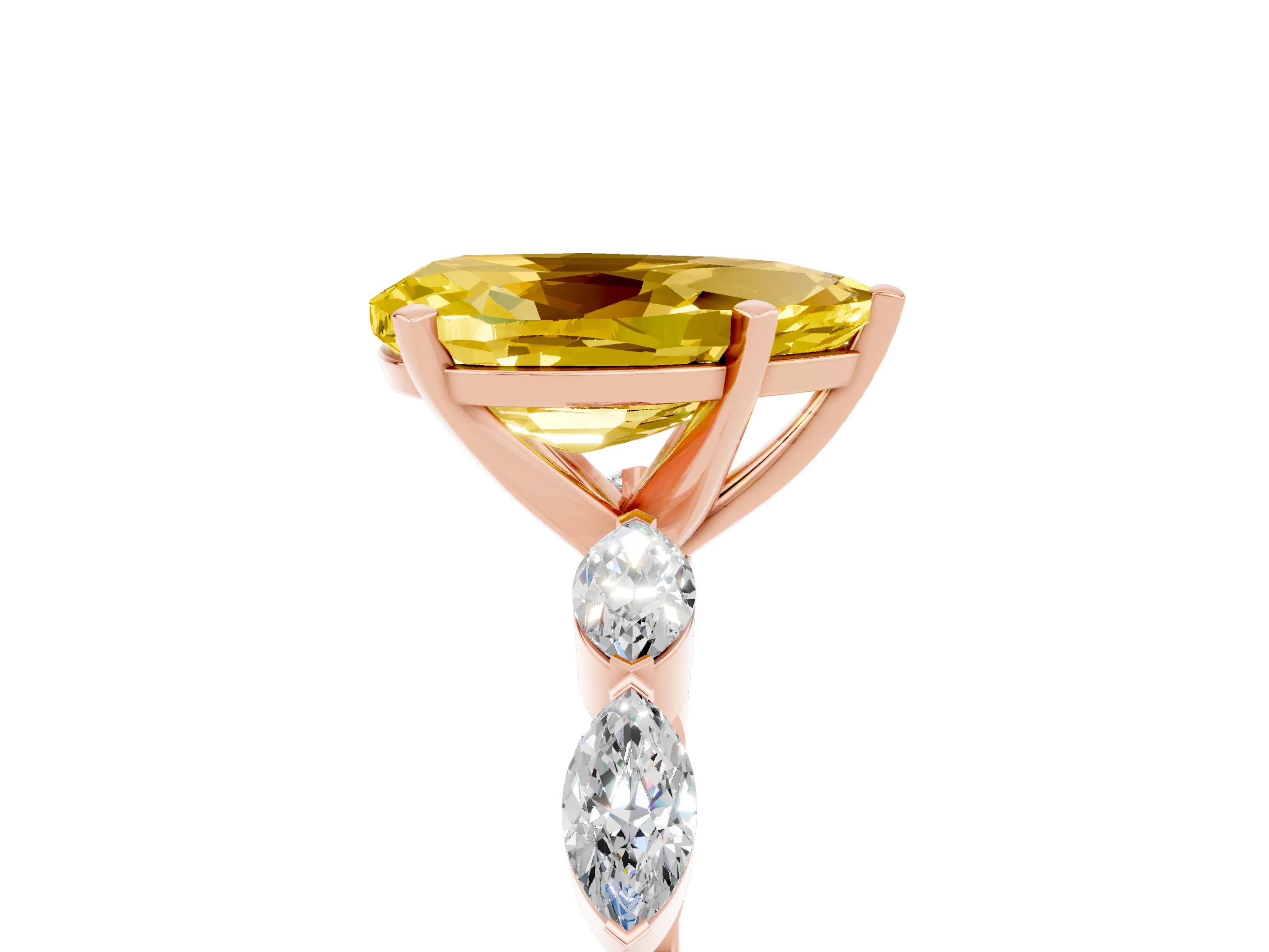 Rose gold Pear Cut Yellow Sapphire Ring with Marquise Side Stones and Prong Setting_17