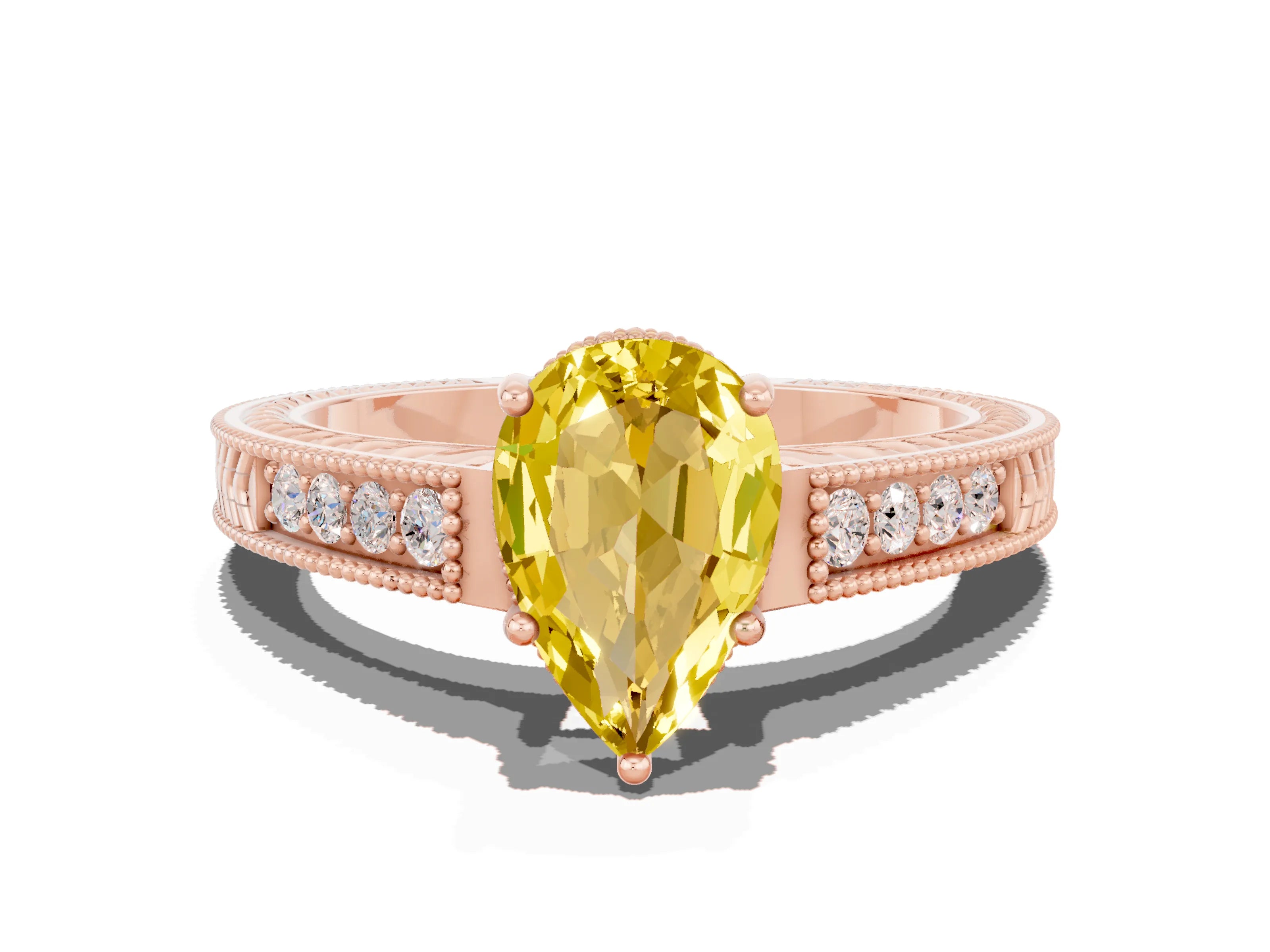 Rose gold Pear Cut Yellow Sapphire Ring with Milgrain Pavé Band and Four-Prong Setting_36
