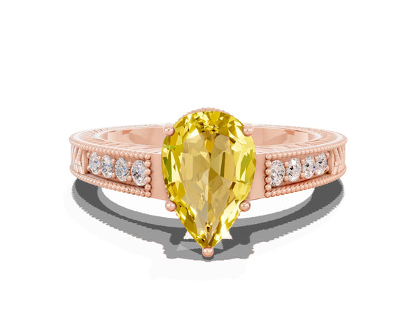 Rose gold Pear Cut Yellow Sapphire Ring with Milgrain Pavé Band and Four-Prong Setting