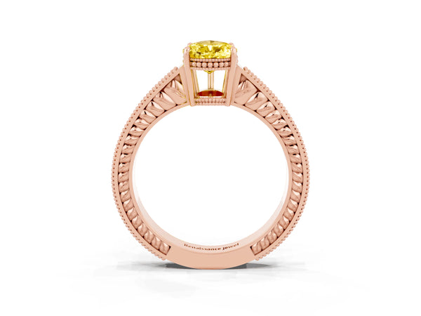 Rose gold Pear Cut Yellow Sapphire Ring with Milgrain Pavé Band and Four-Prong Setting