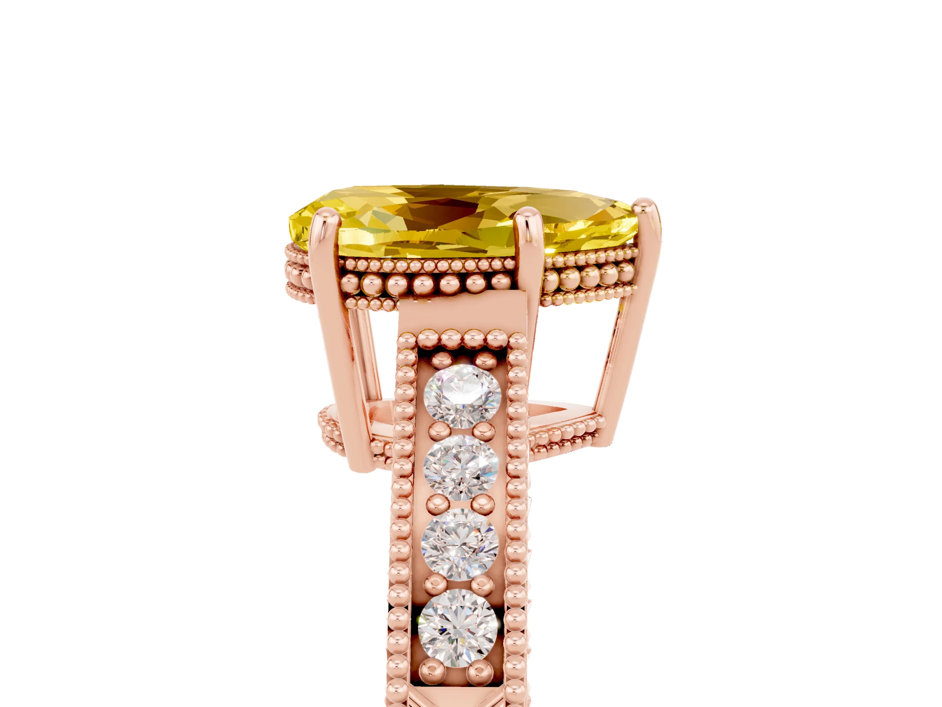 Rose gold Pear Cut Yellow Sapphire Ring with Milgrain Pavé Band and Four-Prong Setting_41