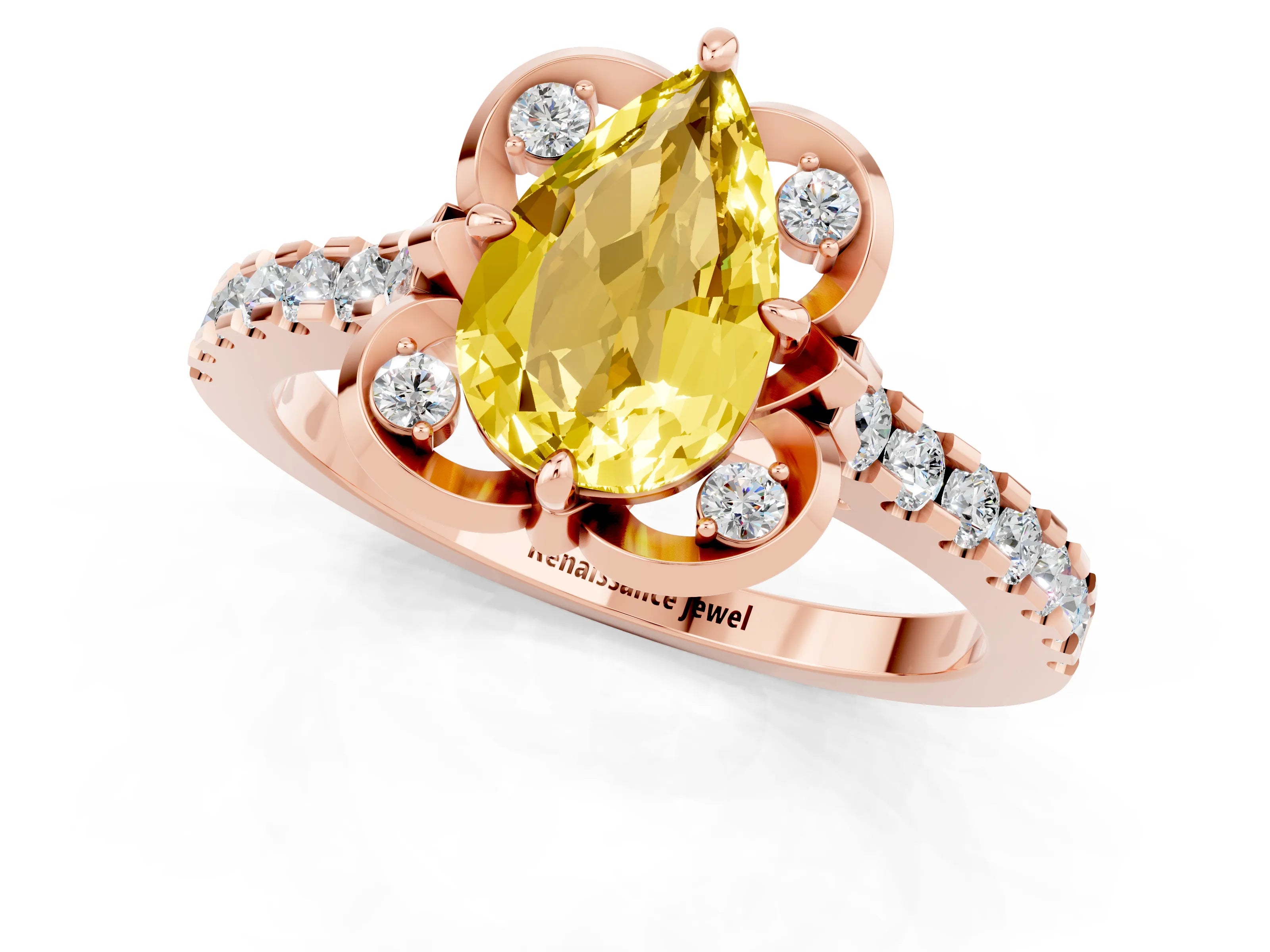 Rose gold Pear Cut Yellow Sapphire Ring with Pavé Band and Floral Prong Setting_1