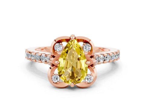 Rose gold Pear Cut Yellow Sapphire Ring with Pavé Band and Floral Prong Setting