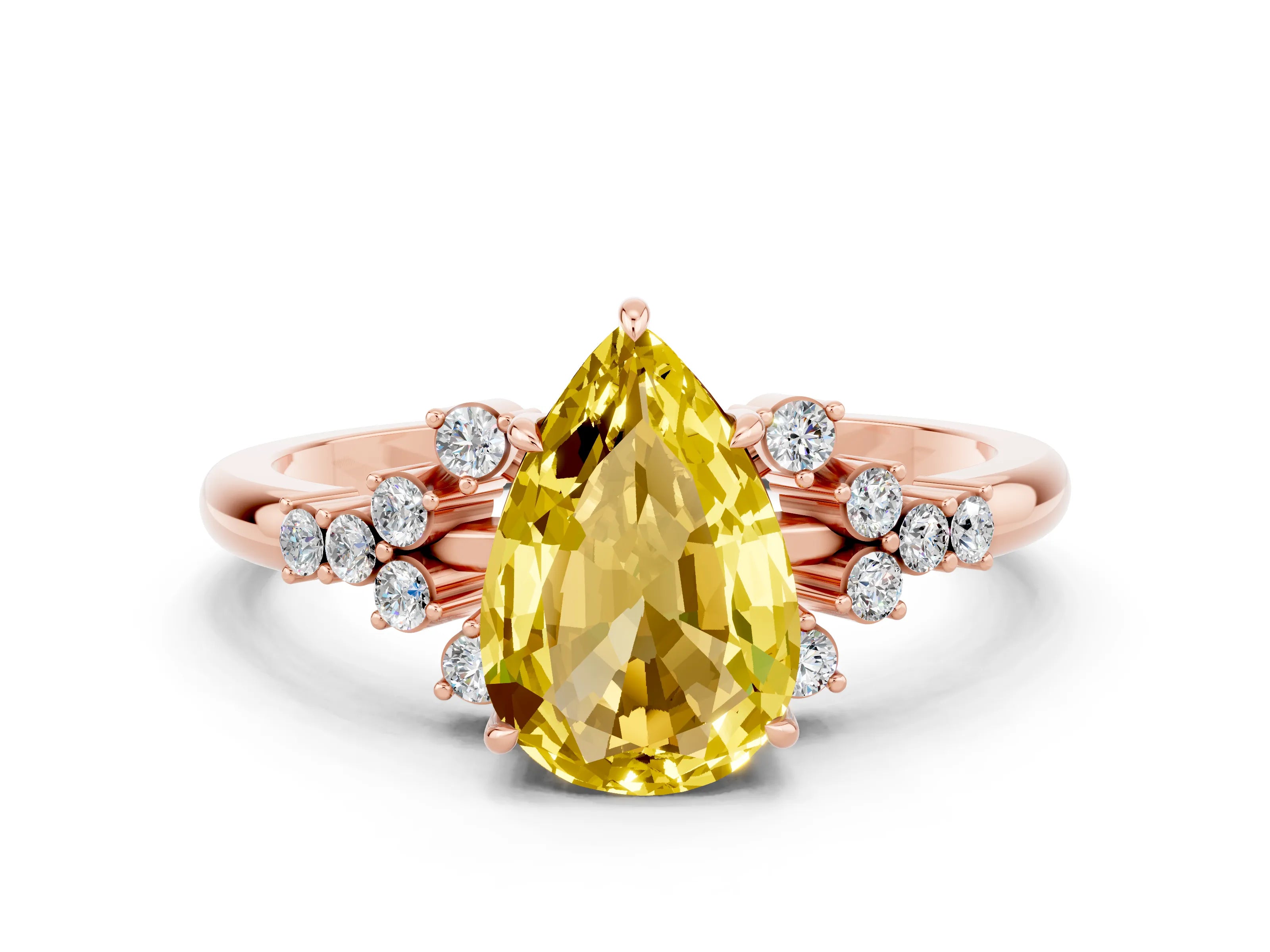Rose gold Pear Cut Yellow Sapphire Ring with Side Stones and Four-Prong Setting_60
