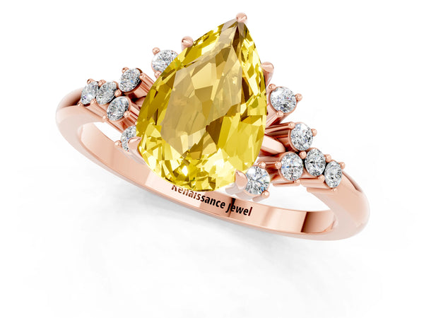 Rose gold Pear Cut Yellow Sapphire Ring with Side Stones and Four-Prong Setting