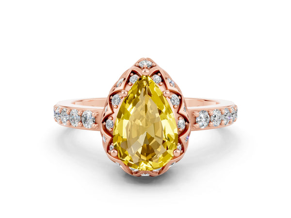 Rose gold Pear Cut Yellow Sapphire Scalloped Halo Engagement Ring with Round Shared Prong Band