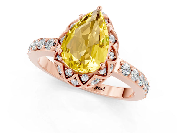 Rose gold Pear Cut Yellow Sapphire Scalloped Halo Engagement Ring with Round Shared Prong Band