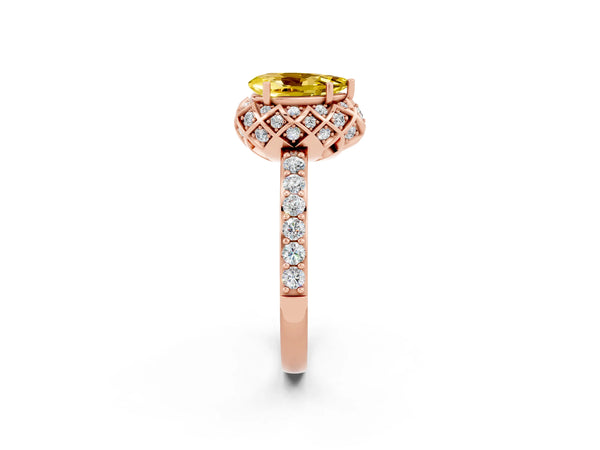 Rose gold Pear Cut Yellow Sapphire Scalloped Halo Engagement Ring with Round Shared Prong Band