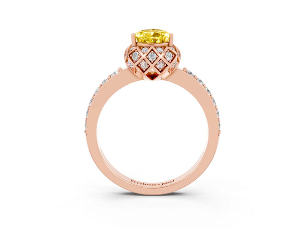 Rose gold Pear Cut Yellow Sapphire Scalloped Halo Engagement Ring with Round Shared Prong Band
