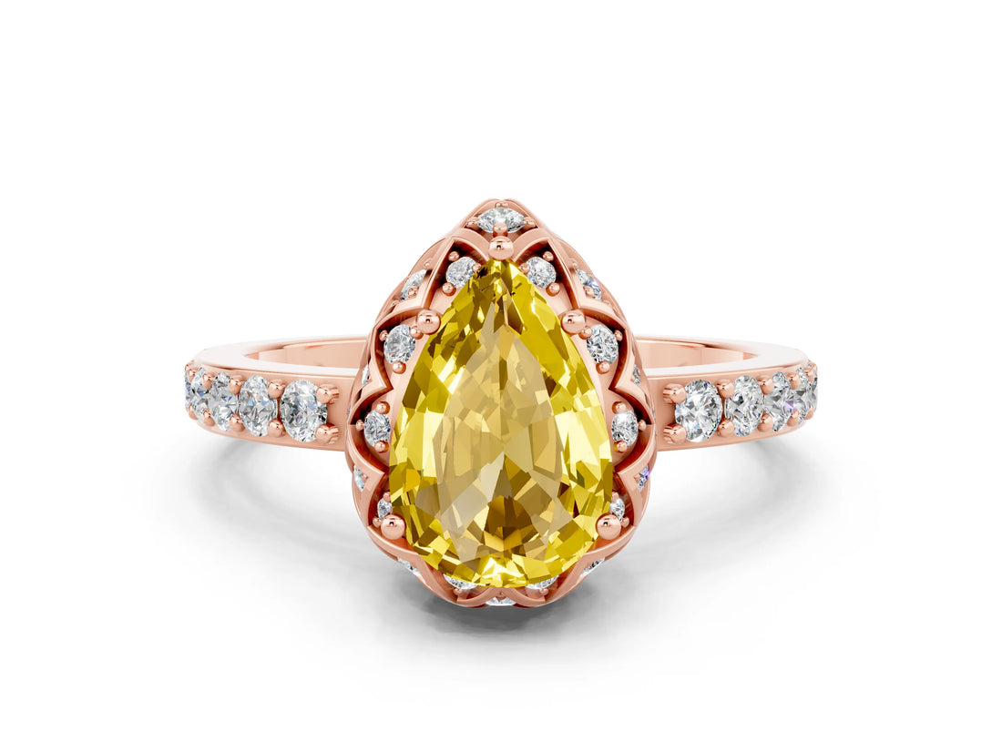 Rose gold Pear Cut Yellow Sapphire Scalloped Halo Engagement Ring with Round Shared Prong Band_24