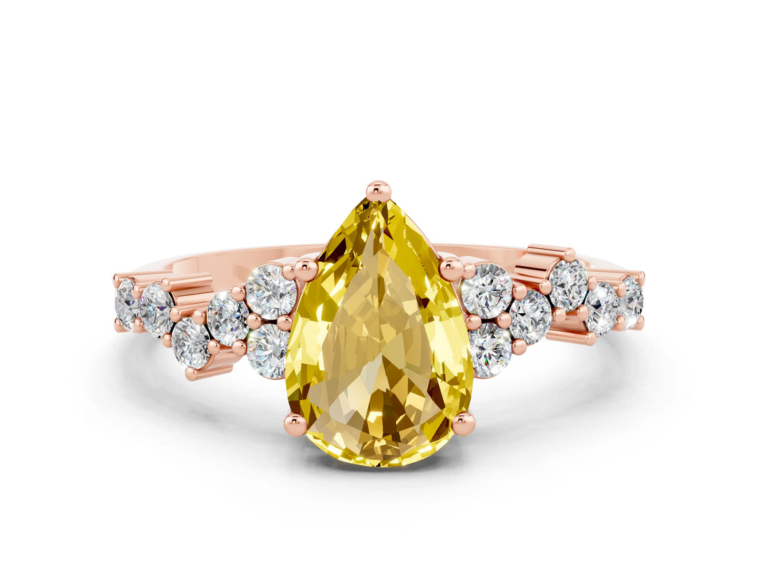 Rose gold Pear Cut Yellow Sapphire Scattered Round Accent Ring with Prong Setting_12