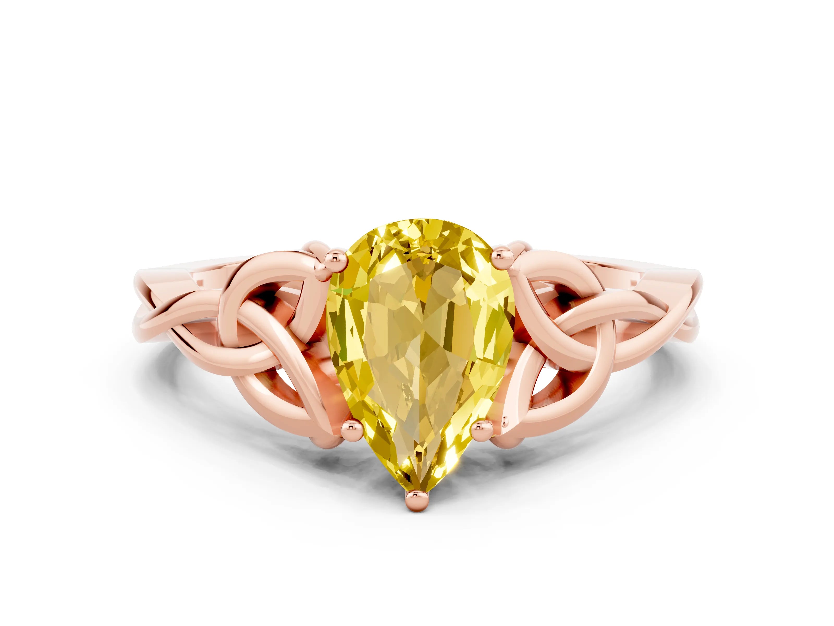 Rose gold Pear Cut Yellow Sapphire Solitaire Celtic Knot Ring with Four-Prong Setting_36