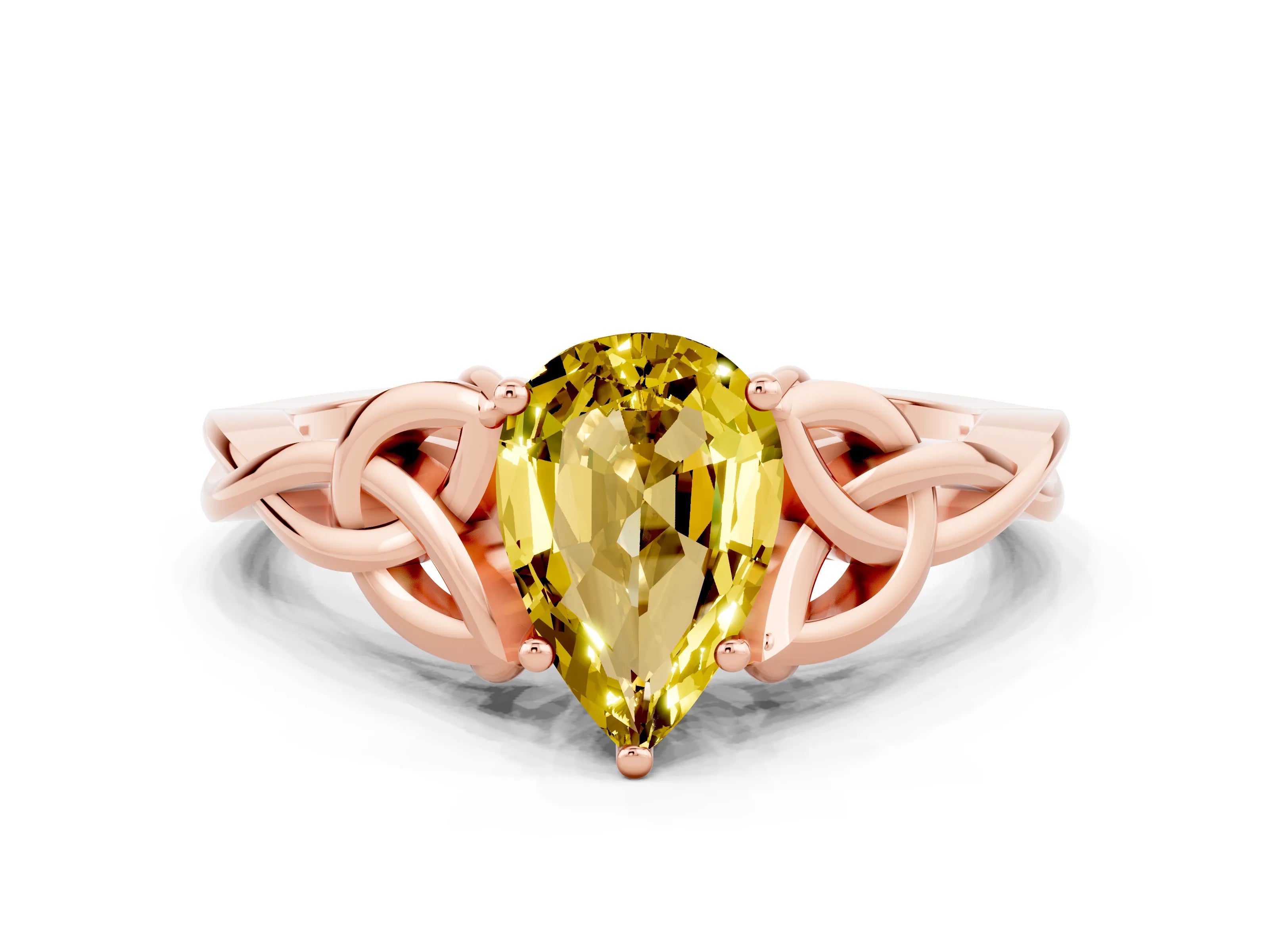 Rose gold Pear Cut Yellow Sapphire Solitaire Engagement Ring with Celtic Knot Band and Four-Prong Setting_24