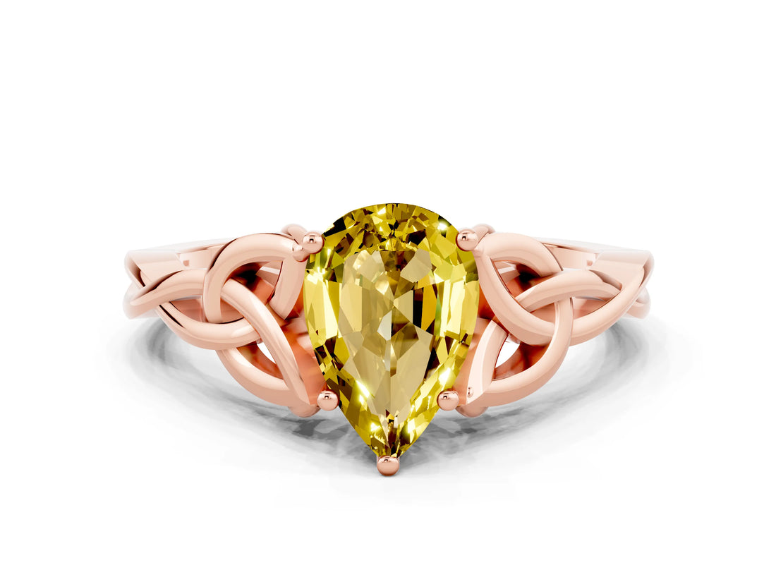 Rose gold Pear Cut Yellow Sapphire Solitaire Engagement Ring with Celtic Knot Band and Four-Prong Setting_24