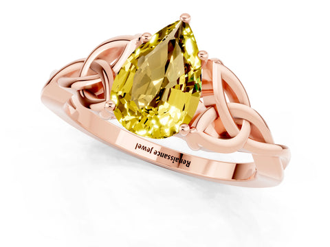 Rose gold Pear Cut Yellow Sapphire Solitaire Engagement Ring with Celtic Knot Band and Four-Prong Setting_25