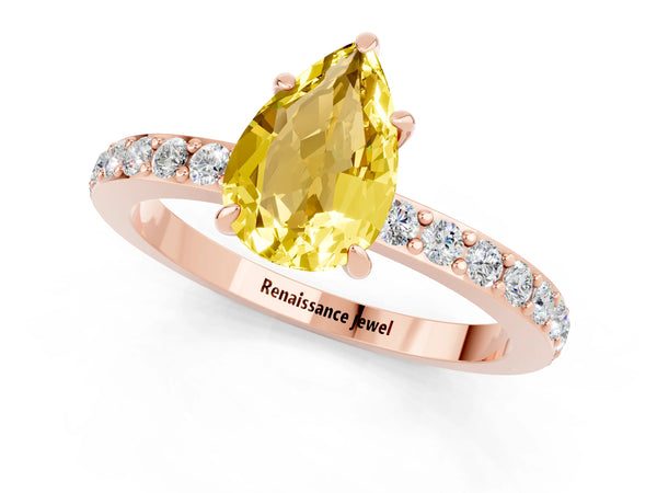 Rose gold Pear Cut Yellow Sapphire Solitaire Engagement Ring with Pavé Band and Four-Prong Setting