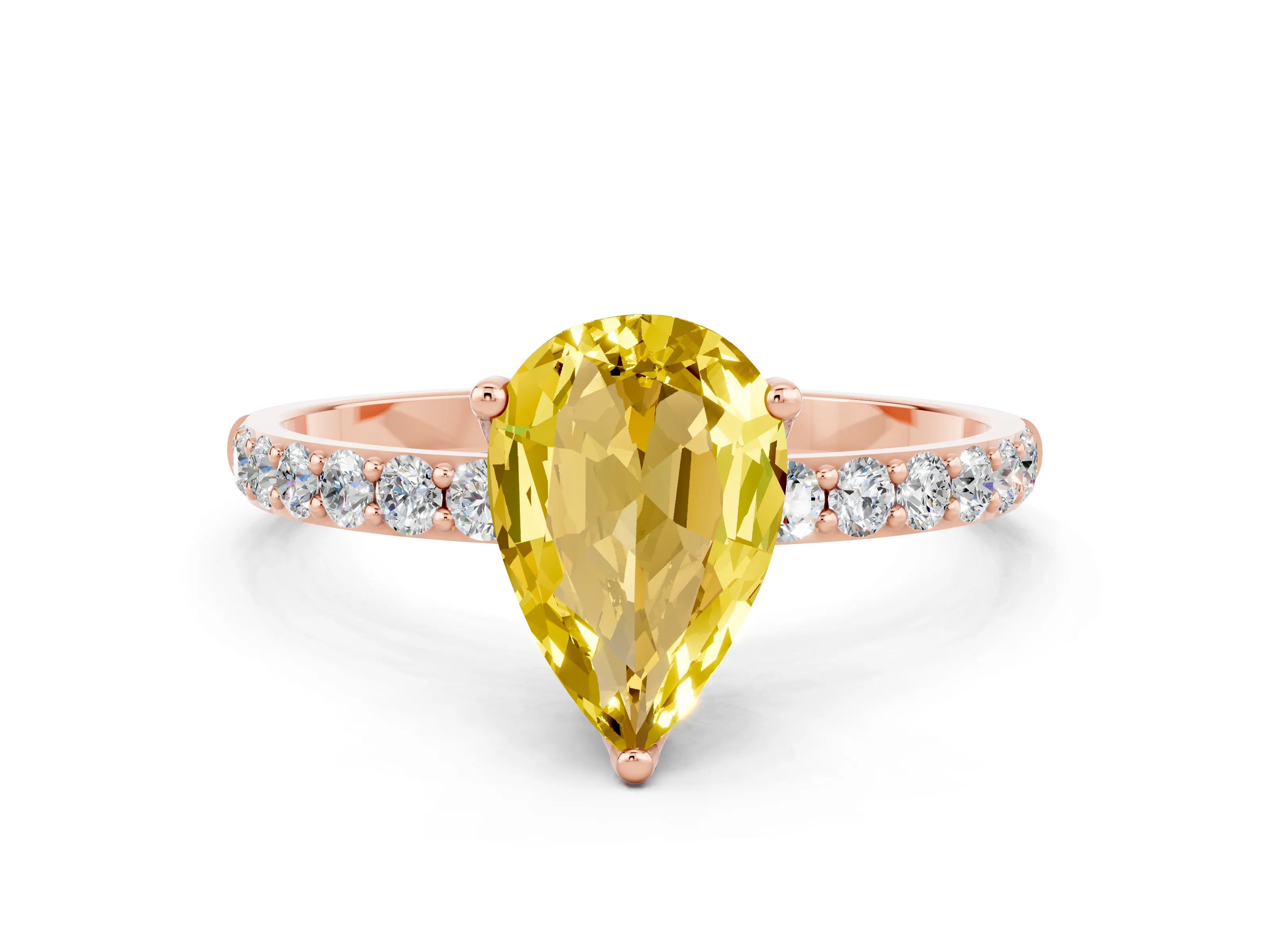 Rose gold Pear Cut Yellow Sapphire Solitaire Engagement Ring with Pavé Band and Prong Setting