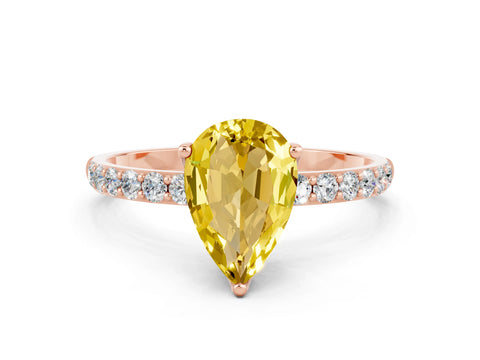 Rose gold Pear Cut Yellow Sapphire Solitaire Engagement Ring with Pavé Band and Prong Setting