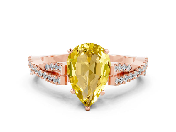 Rose gold Pear Cut Yellow Sapphire Solitaire Engagement Ring with Twisted Pavé Band and Four-Prong Setting