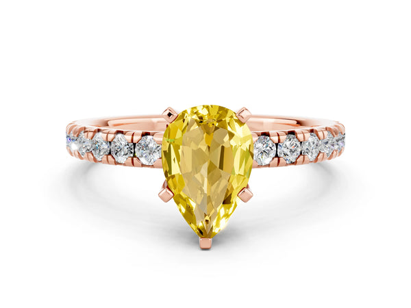 Rose gold Pear Cut Yellow Sapphire Solitaire Pavé Engagement Ring with Round Band and Prong Setting